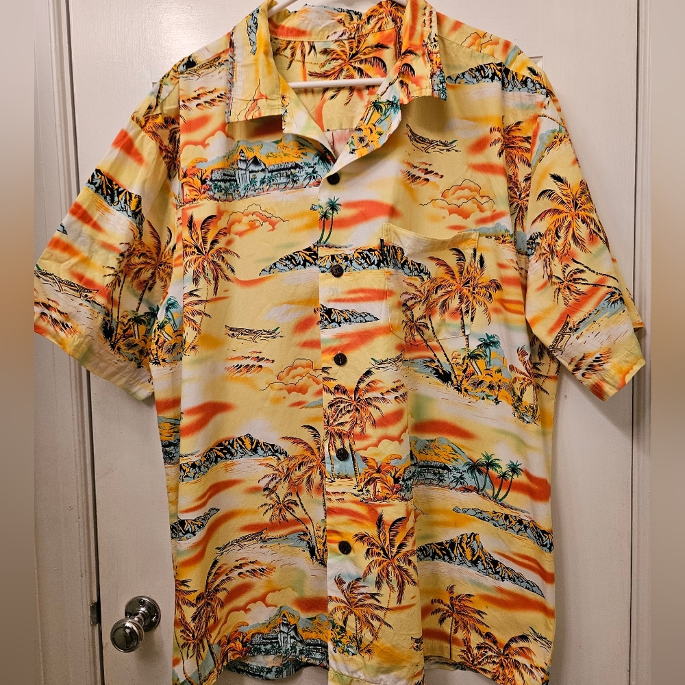 Mens Palmwave Hawaiian Shirt Yellow  Palms Tropical Outrigger  Resortwear 2XL